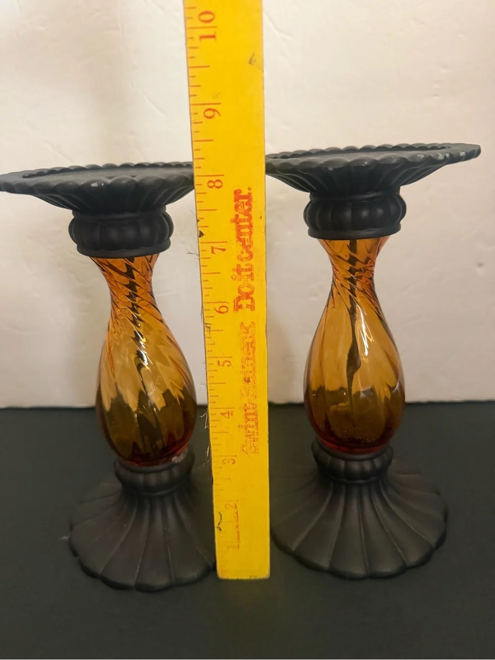 PartyLite Pair Amber Glass Candleholders with Black Bases 8” - Picture 6 of 16
